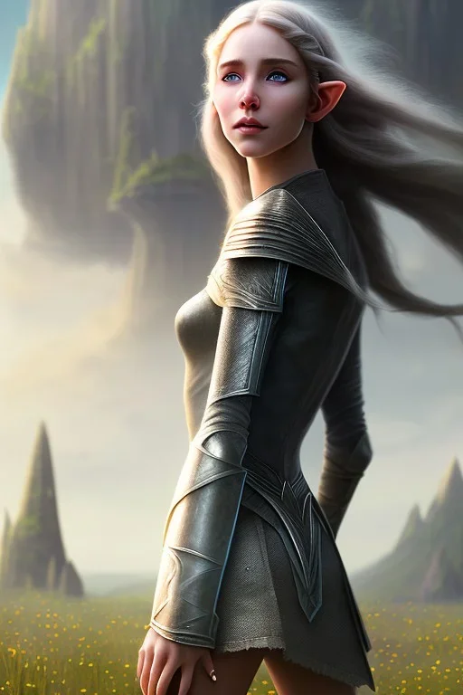 elven young woman, wearing light dress, happy expression, visible ultradetailed armonious cute femine face, visible ultradetailed legs feet hands and pointy ears, luminous weather, field in the mountains, ultra realistic, concept art, intricate details, highly detailed, photorealistic, octane render, 8 k, unreal engine, art by artgerm and greg rutkowski and charlie bowater and magali villeneuve and alphonse mucha