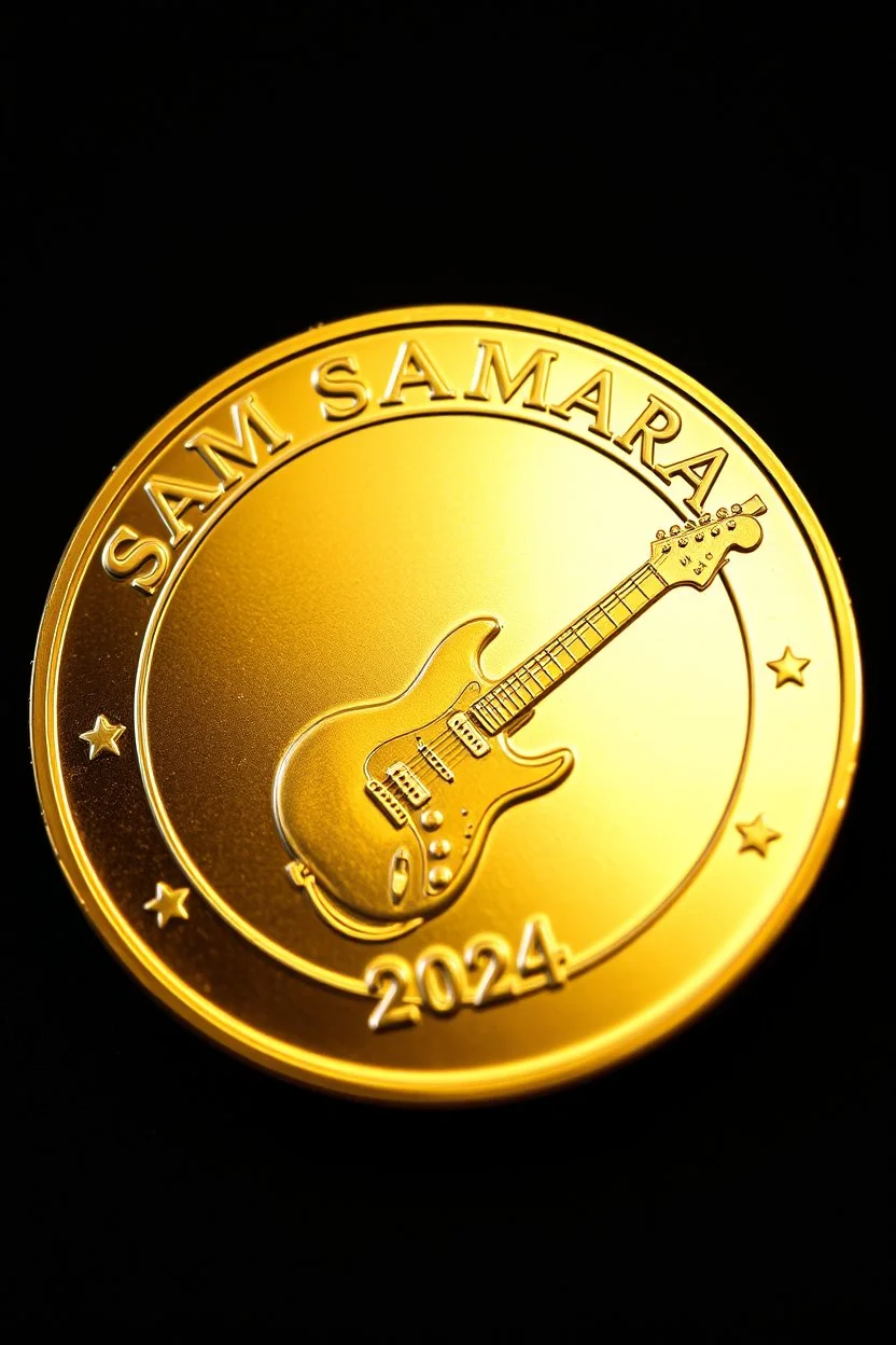 view of word , SAM SAMARRAI 2024, on the edge on the gold coin ,with picture of electric guitar, in the middle of the coin.