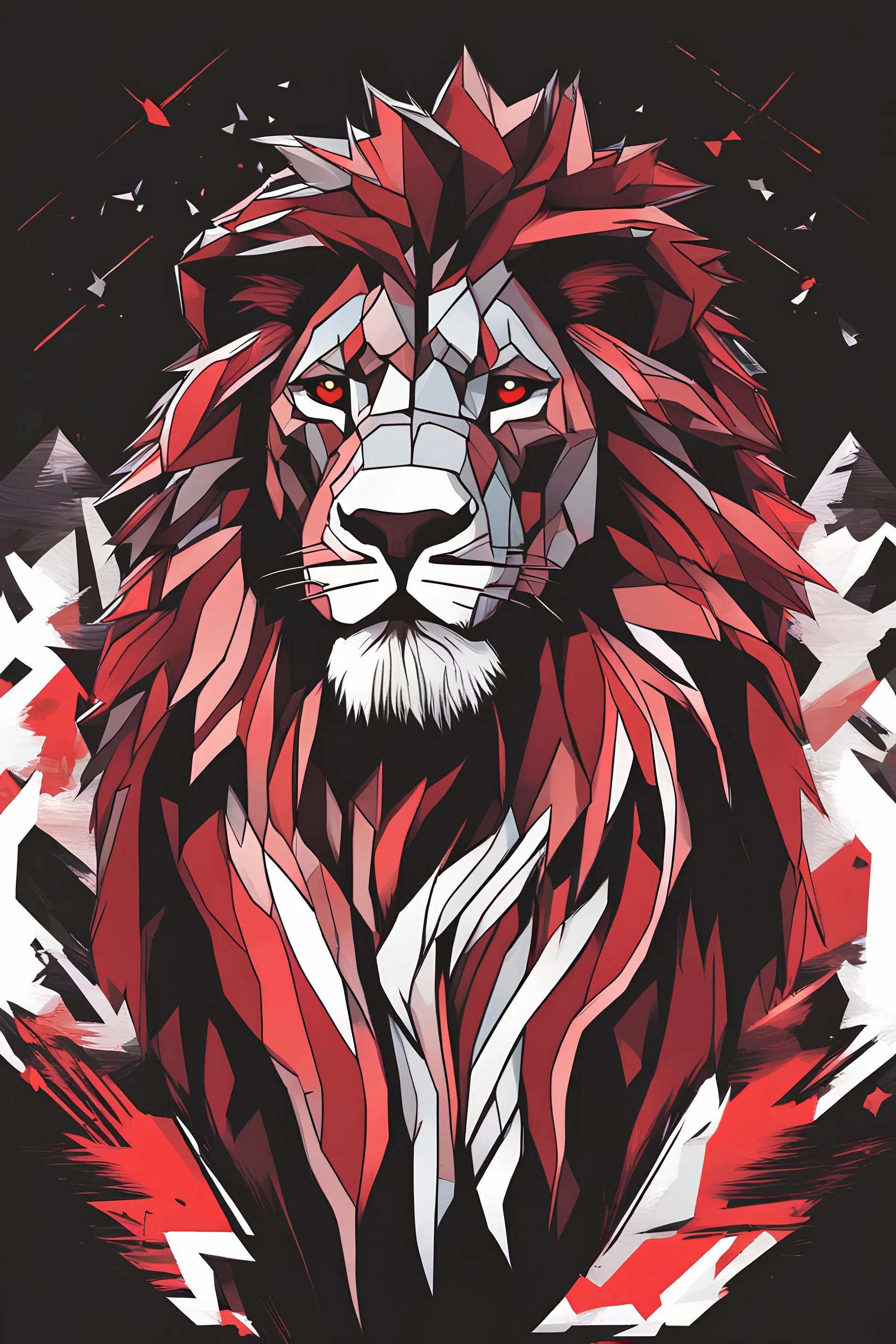 a silhouette design of a lion, t- shirt art, 3D vector art, cute and quirky, bright bold colorful, black background, red and white colours, digital painting, low-poly, bird's-eye view, isometric style, retro aesthetic, focused on the character, 4K resolution, photorealistic rendering, using Cinema 4D, front side