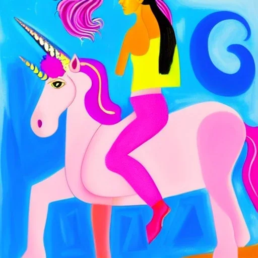 Retrato de una niña muy guapa llamada Dalia Santiago Arnau montando un unicornio rosa con el estilo de Pablo Picasso