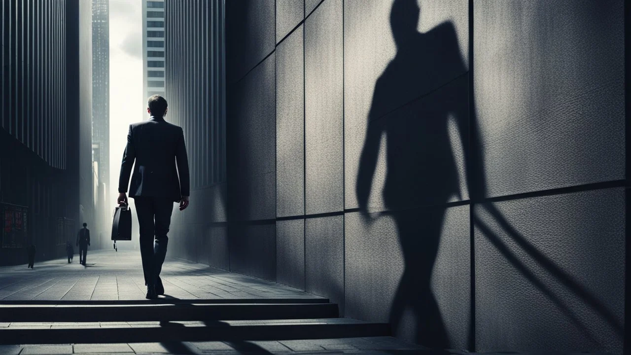 a high realistic photo from a business man walkings on street and behind his own shadow into an devil walking on big wall , modern city, weird atmosphere.detalied, sharp focus, surreal mood, thriller, dark dream