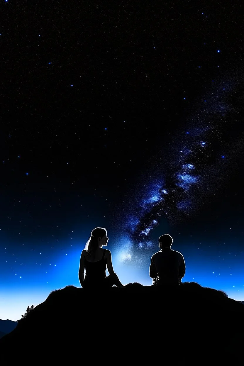 black background on a mountaintop with two silhouettes of a fit man and a silhouette of a fit woman sitting beside each other looking at the stars