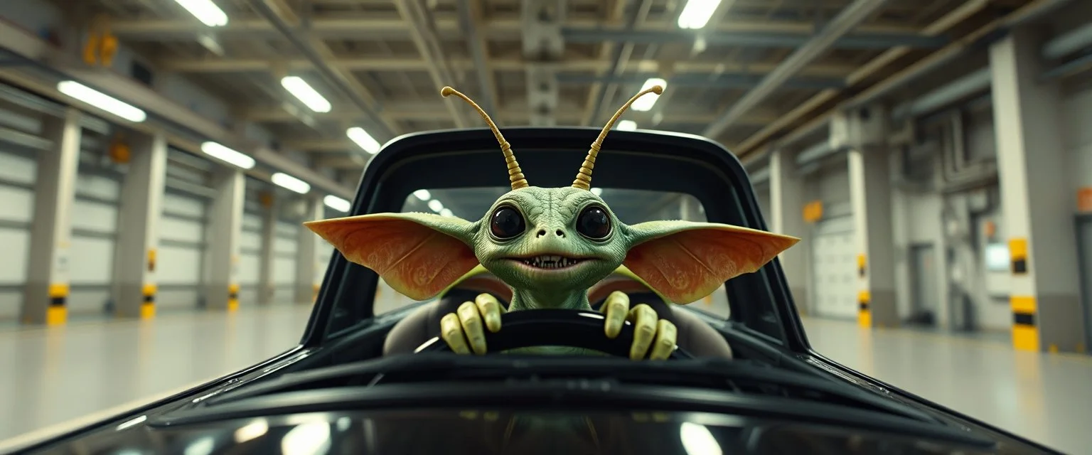 car driving happy 2d insect anime fluffy slimy alien gremlin man in the style of Escher and Giger and Fallout 4, pinhole cam, airbrush 3d rendering, on tv screen:A five-second cinematic single take in a clean industrial presentation hall.