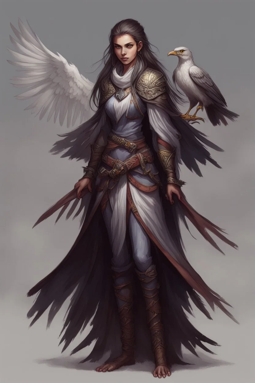 dnd female Aarakocra with long hair warlock