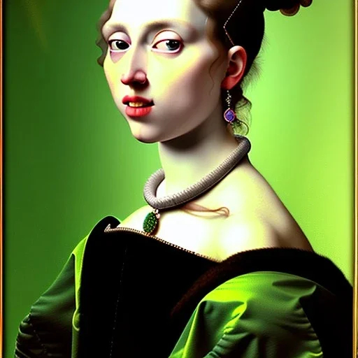 oil Portrait of a french long hair adult woman with emeralds collar green sad eyes looking to viewer beautiful busty voluptous by JOHANNES VERMEER Ingres 8k