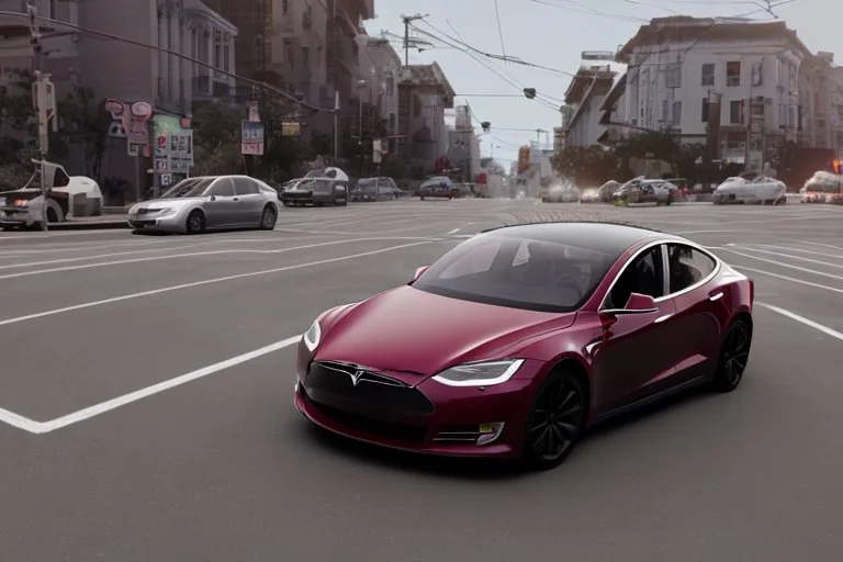 A Tesla 'Model S' is drifting at high speeds, on the streets of San Francisco. (CINEMATIC, WIDE ANGLE LENS, PHOTO REAL)