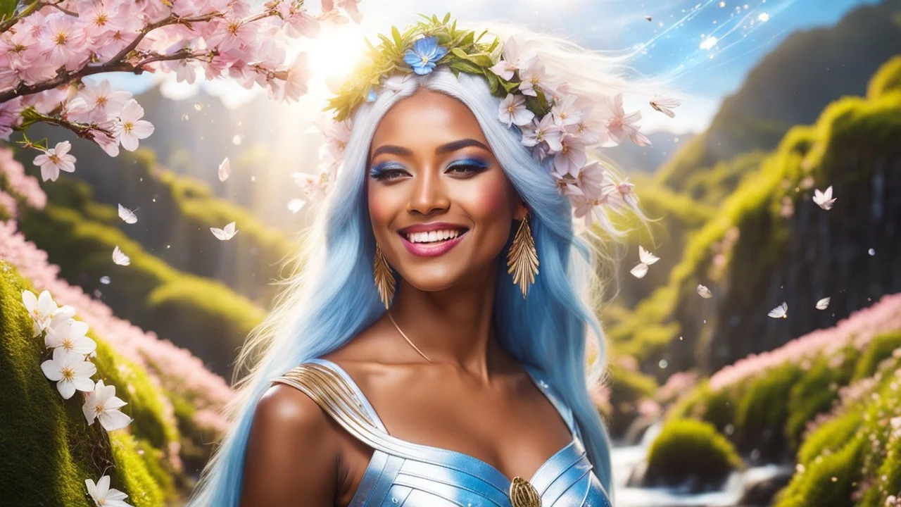 Portrait of a gorgeous smiling skinny polynesian goddess with a golden dark skin, long smooth clear blue white hair, blue eyes, in a sci-fi outfit with luminous strikes sending a kiss in a hill of flowers with sakura trees, a small torrent, loads of mini flowers, moss, sun rays through the branches, particles in the air at spring