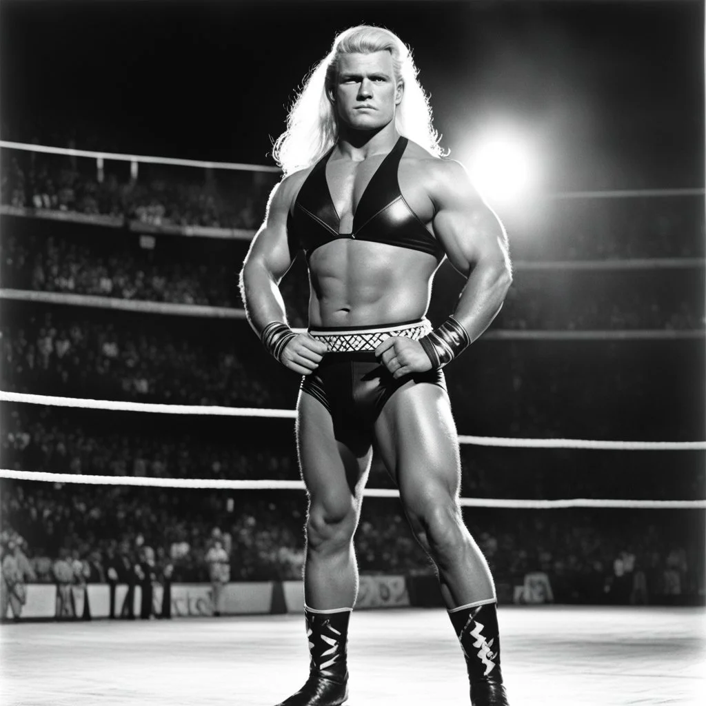 [photo by Helmut Newton] The Nordic wrestler, Bjorn Thunderstruck, stood tall and imposing in the arena, his blonde hair gleaming under the torchlight. Across from him, the Mexican wrestler, Maria Azteca, exuded a fiery intensity, her dark eyes flashing with determination.
