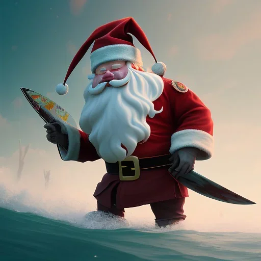 Santa standing of surfboard surfing a big wave, empty hands, beach, character design by cory loftis, fenghua zhong, ryohei hase, ismail inceoglu and ruan jia. unreal engine 5, artistic lighting, highly detailed, photorealistic, fantasy