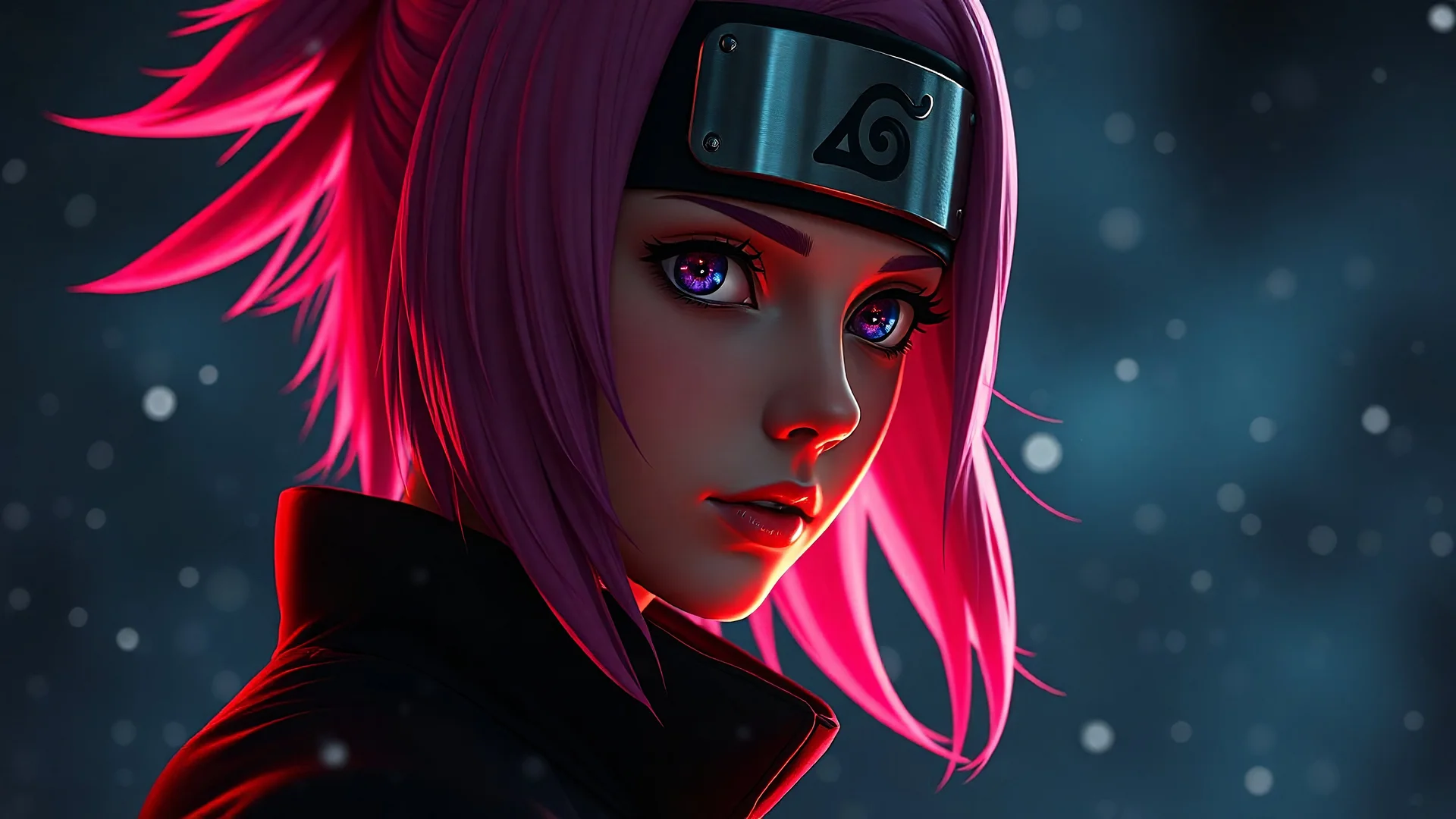 a dark side of The Sakura Haruno (Naruto) in the space, hyper realistic, Cinema lighting, close up shot