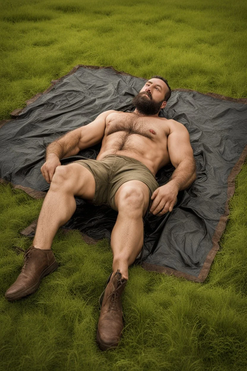 aerial top view half figure shot photography of an ugly 32 year old stocky robust burly turkish carpenter , relaxing in the meadow, , hands behind the head , wearing bulging shorts, shirtless, hairy chest, manly chest, manly legs, serious, very virile, short beard, shaved hair, under the rain, wet, in a rainy day, photorealistic