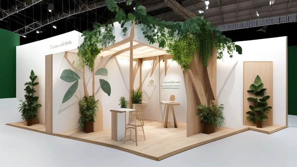 Corner exhibition stand in light colors with wood elements and greenery with two meeting areas