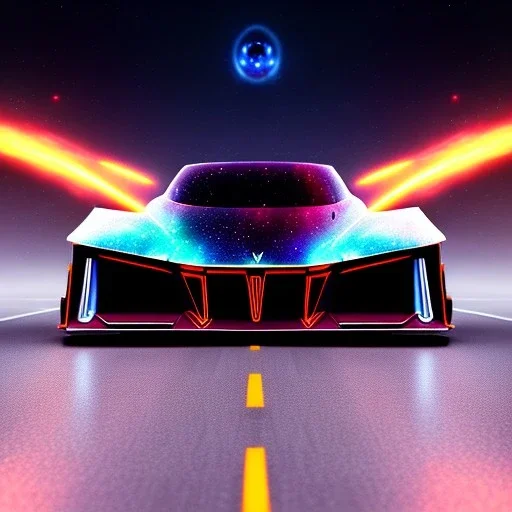 powerful concept future car, dark color fade theme, large engine protruding from the hood, nebula back round, extra detail with luminous engravings, neon underneath, jet engine