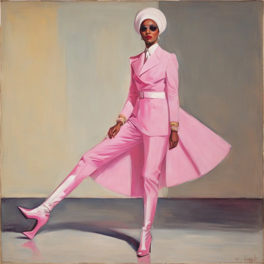 [Kupka] cheikh Zayed in a pink battlesuit pink gloves and pink high heel boots. The Ministry of Silly Walks.