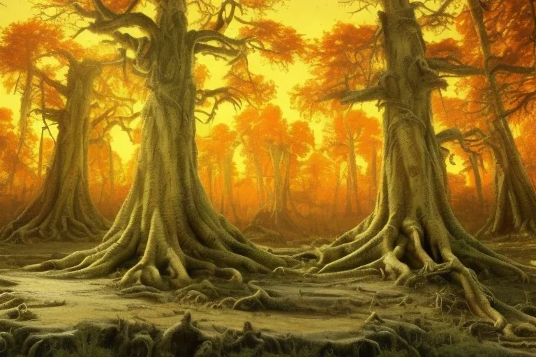 gaea, insane treepunk, volumetric pastel orange and red glowing forest environment and background, epic color pencil painting of abstract art plant camps, 16k, intricate flora, ancient willow tree, twisted wood, lush, ancient roots, organic, mushrooms, stacks of wood, ancient vines, leaves, ambient occlusion, rocks, uhd, realistic shaded volumetric lighting, ancient wood, sunlight caustics, volumetric clouds, pigmented colors, redshift engine render, concept art and visualization by sam curry