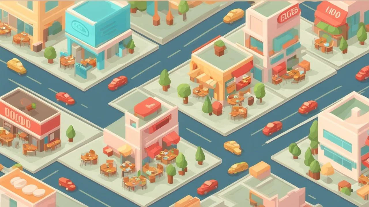 illustration for game. 1000 miniature restaurants per block as a road city. vector isometric 3d style. HD.