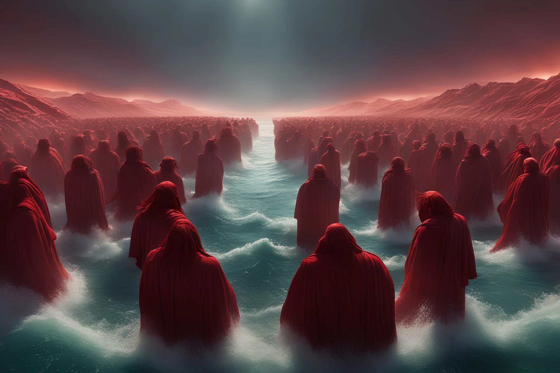 Moses splitting the red sea, UHD, Dynamic lighting, Volumetric lighting, 8k, HD,