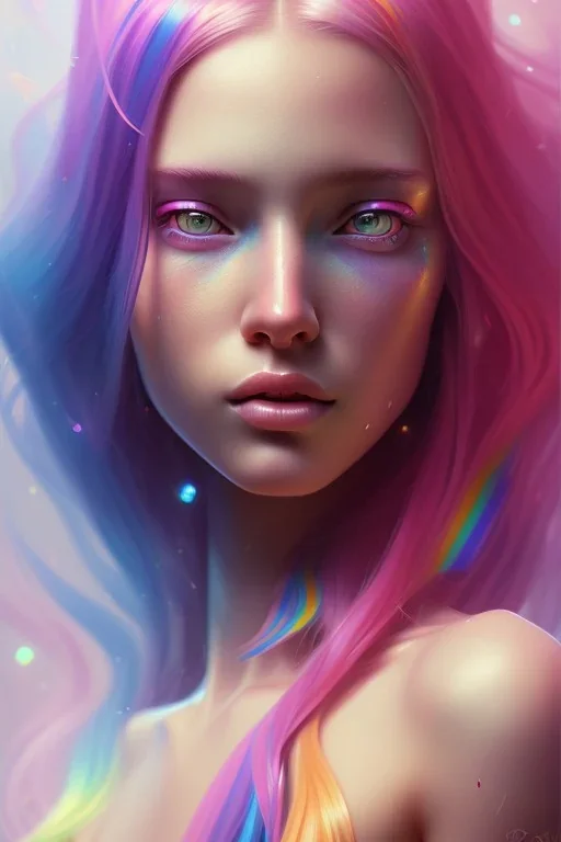 girl, cute, beautiful, long hair, rainbow hair, rainbows, close up portrait by Greg Rutkowski