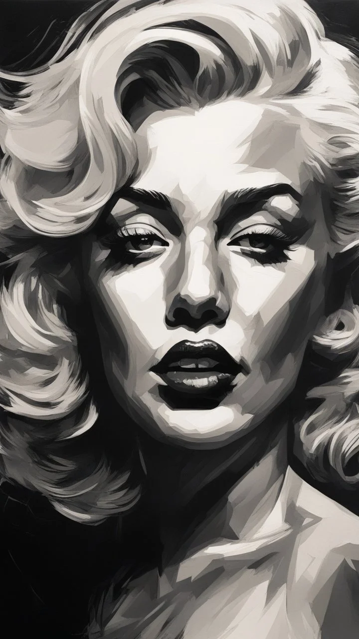 chiaroscuro portrait illustration of Marilyn Monroe in the style of threadbare abstract expressionism, ebony , black, and pewter , vintage abstract cut-and-paste, ricoh gr iii, editorial illustrations, fine lines, highly detailed hair and facial features