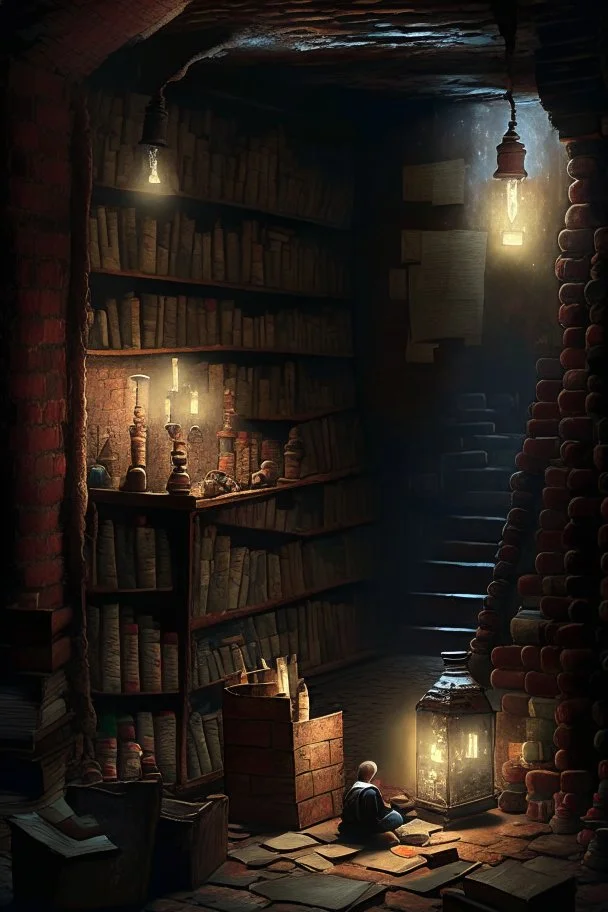 A dark, dingy brick dungeon, with a small shelf hanging on the back wall, containing only nine vintage bottles of various sizes, and a lantern sitting on the floor, casting light on a pile of books with a young child studying