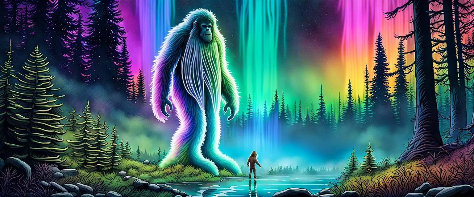 Bigfoot character, giant bio luminous Rainbow floating high JellyFish, Medium closeup, Epidemiologist yeti inspecting the organism, light floating in a forest, mist, light trails, nighttime, long exposure, Treeline, Alberta, scientist, Dystopian, Hyper detailed, Realistic, Extreme depth of field, bokeh blur, Alberta all-natural, National Geographic, in the style of candid, imperfection, natural lighting, cinematic, Fuji Film, Anamorphic lens, 2040s, --ar 4:5 --w 150 --style raw