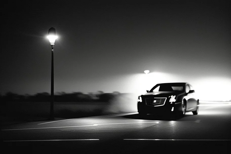 Coche Cadilac americano en mitad de la noche tan sólo iluminado por una farola y los faros del coche, imagen en blanco y negro vaporoso, imagen al estilo del fotógrafo Hugo Alonso