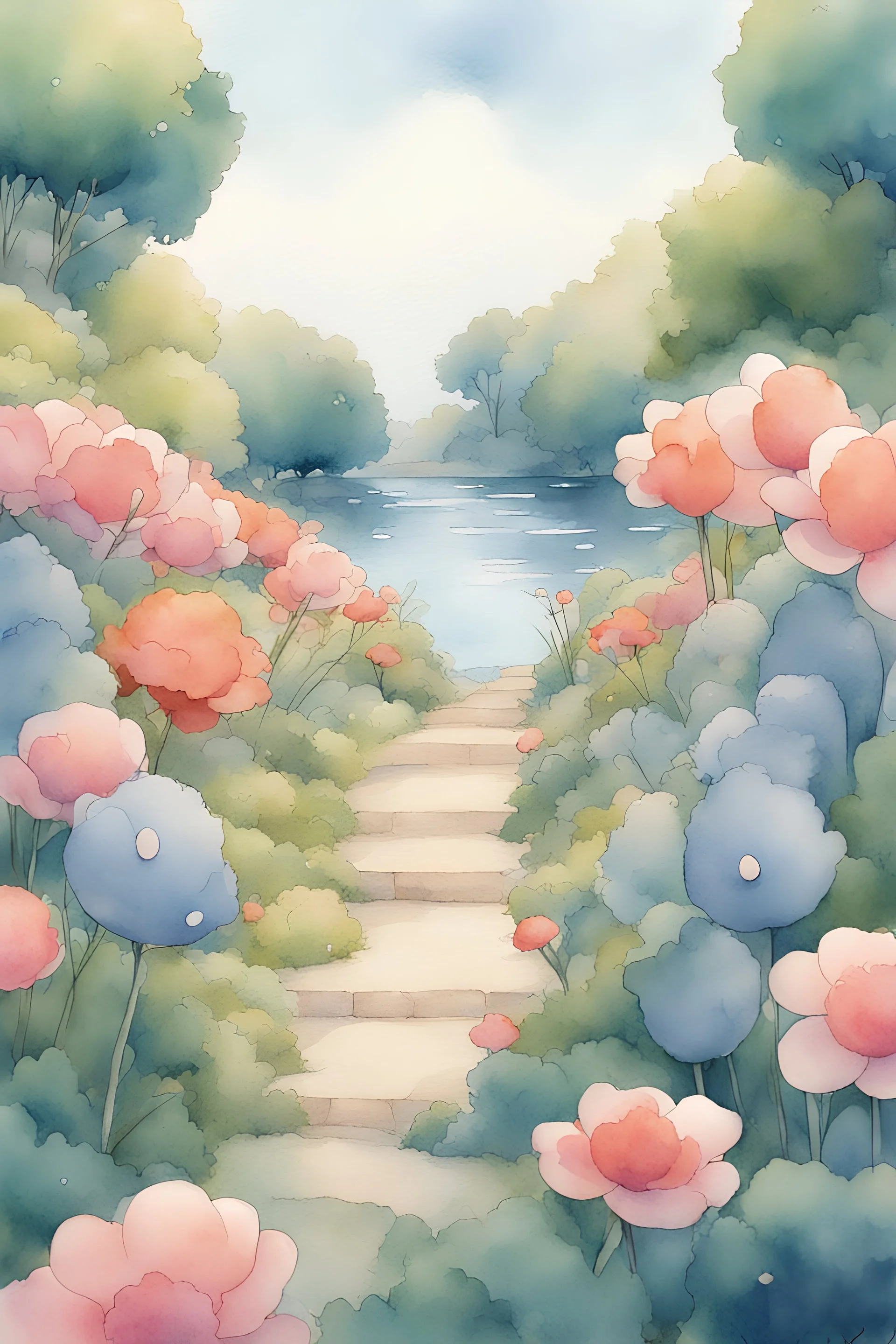 generate a hypothetical ghibli scene with a ghibli style with an cute fish in a flower bed in a watercolour style