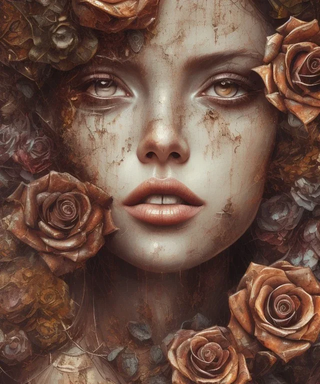 an abstract painting of rusted metal and flowers, portrait, rust, scaffolding, iron cladding, decay, mixed media, textured, anatomically correct, beautiful perfect face, sharp focus, highly detailed