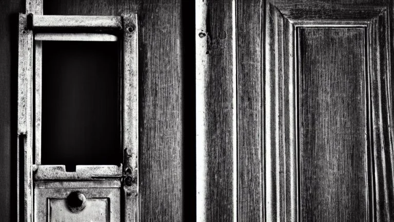 unhinged door, anime, monochrome, black background, ink, simple, maximum quality, broken hinge, barely functioning, why is it still being used it's a health hazard
