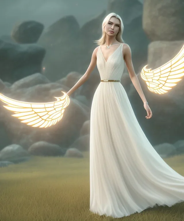 subtle queen, atmospheric, realistic, unreal engine, cinematic lighting, octane render, transparent long dress, blonde, full body, bright wings, smile, long hair