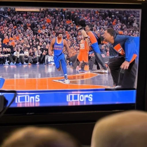 a man watching the New York Knicks game on a television