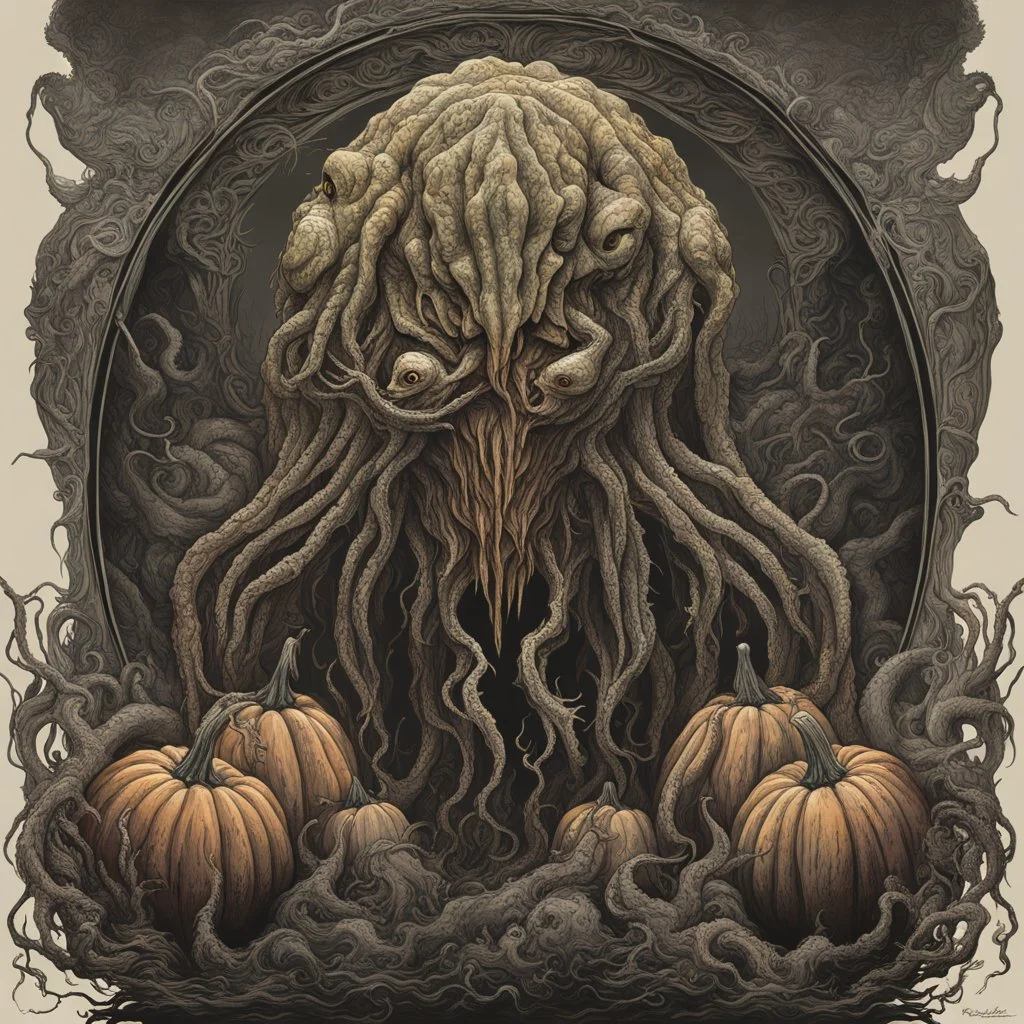 Lovecraftian Jack-O-Lantern monster, Eldritch Cthulhu mythos, dramatic expansive fantasy horror masterpiece, by Greg Rutkowski, by Jeremy Mann, by Mike Dubisch, vibrant dark colors, evil pumpkin carving, hyperdetailed wet brush matte painting; dramatic, deep red-black-orange colors.