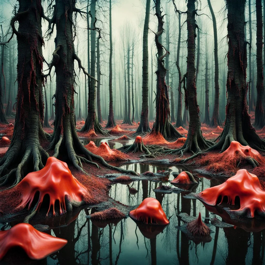 Hyperrealistic photograph, polaroid, irregular swamp, 8k, 3d render, Zdenek Burian, horrific beasts, melting horror, tridimensional figures, intricate patterns, forest, sinister scribbles, colors, shot on Hasselblad, Yves Tanguy, 33mm photography