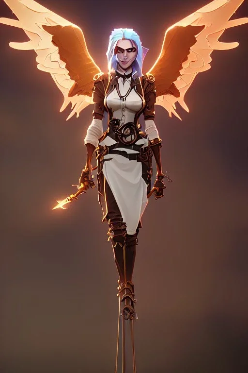 steampunk angel, pale, clouds, golden glow, majestic, heroic