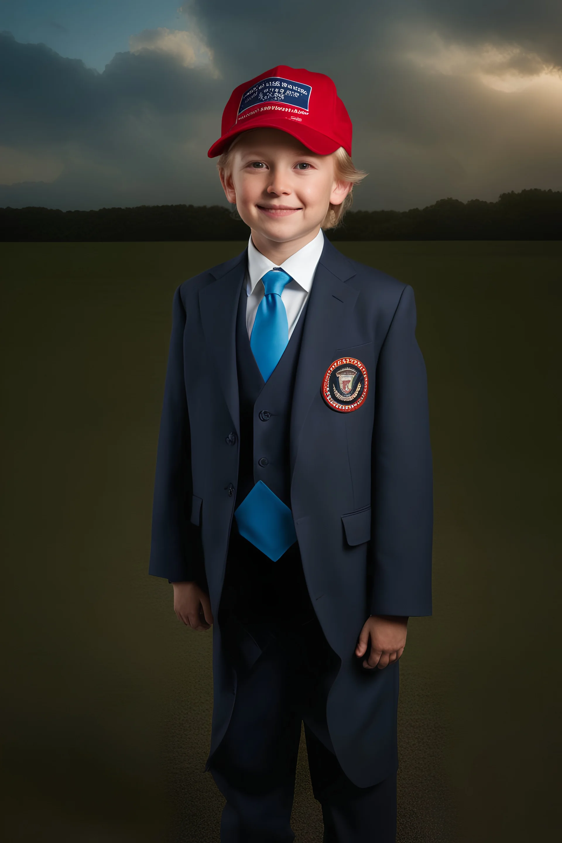 facial portrait - 10-year-old Donald Trump is posing for his school picture - wearing a three-piece suit and a red MAGA sports cap - Sparkling, Sky blue Background, professional quality studio 8x10 UHD Digital photograph by Scott Kendall - multicolored spotlight, Photorealistic, realistic stock photo, Professional quality Photograph. colored Fog