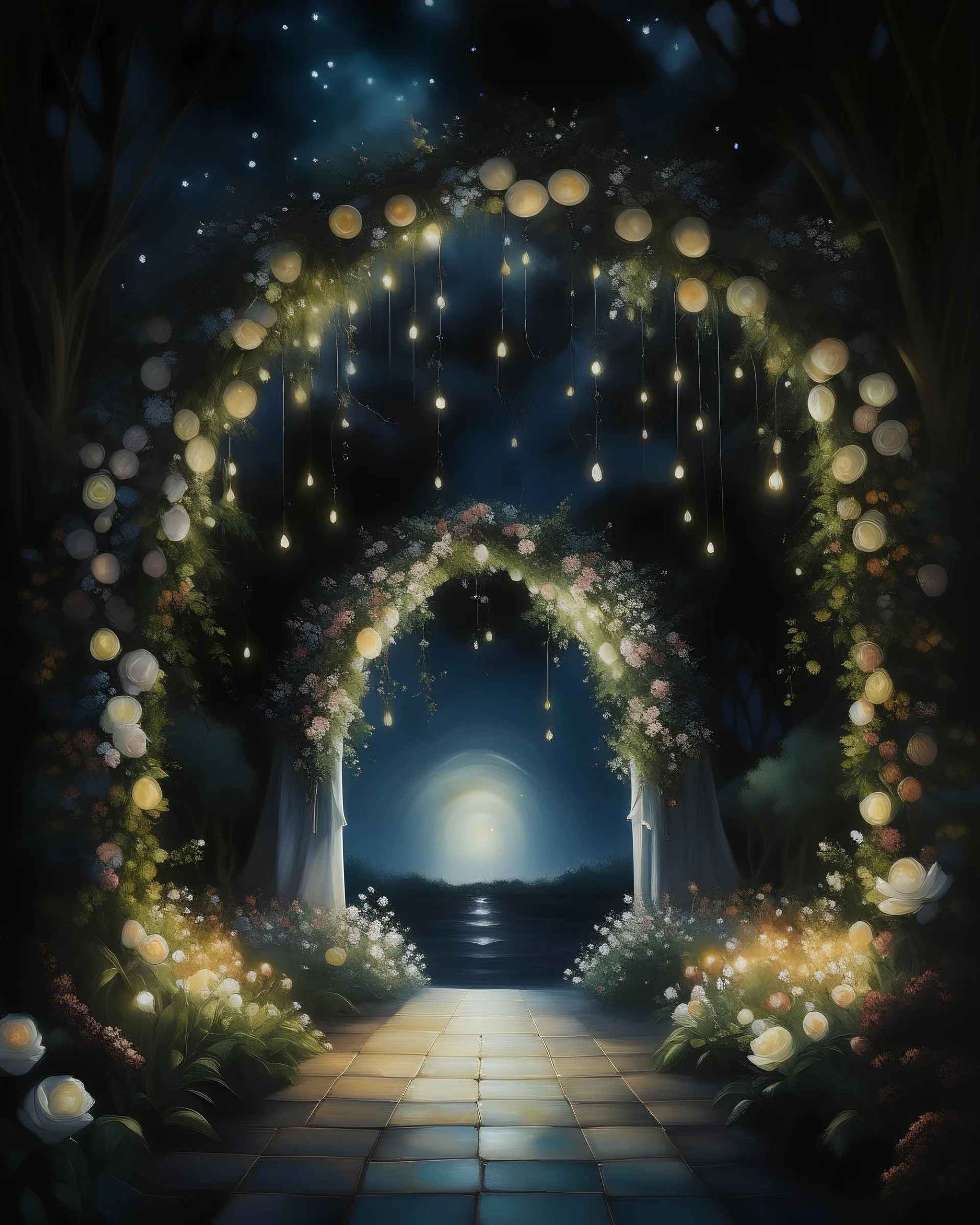 a night wedding scene with floral arch and fairy lights painting