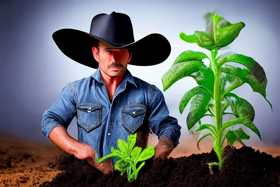 cowboy holding a plant growing in biochar. Biochar background