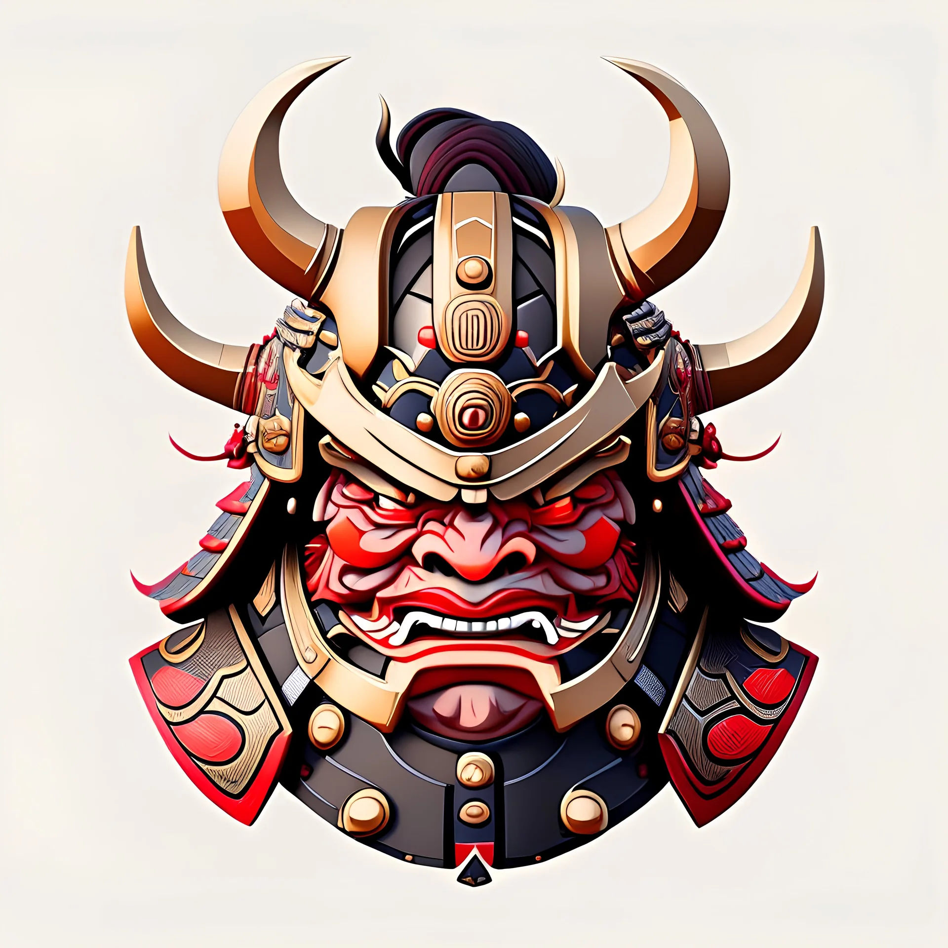 japanese oni in shogun armor, head only, front view, cartoon style, flat colors, no background colors