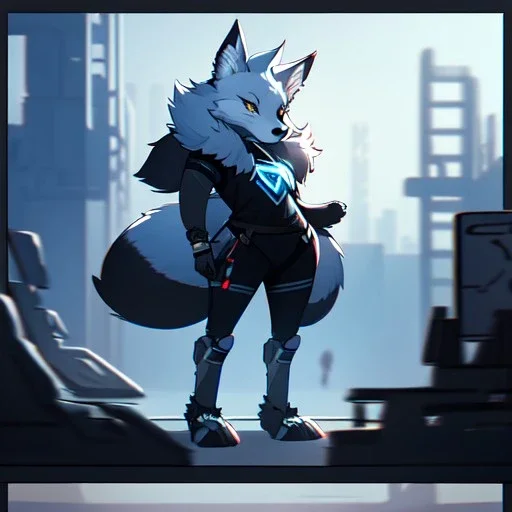 a fox fursona, darker colors, master quality, backlighting, soft lights, full body portrait, in frame, 8k, furry, fur, dark color pallet, robotic arm, cyberpunk, anthropomorphic, perfectly drawn face, well drawn paws