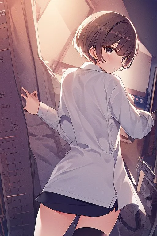 anime waifu wearing a pyjama shirt and a short short skirt with her back turned