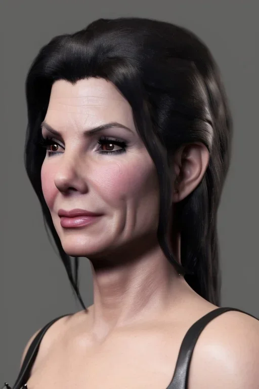 Young Sandra Bullock as evil queen in black leather gown, angry, busty, curvey, cleavage, unreal 5, octane render,cinema4d, dynamic lighting, dramatic lighting, 4k, redshift render, highly detailed, hyper realistic