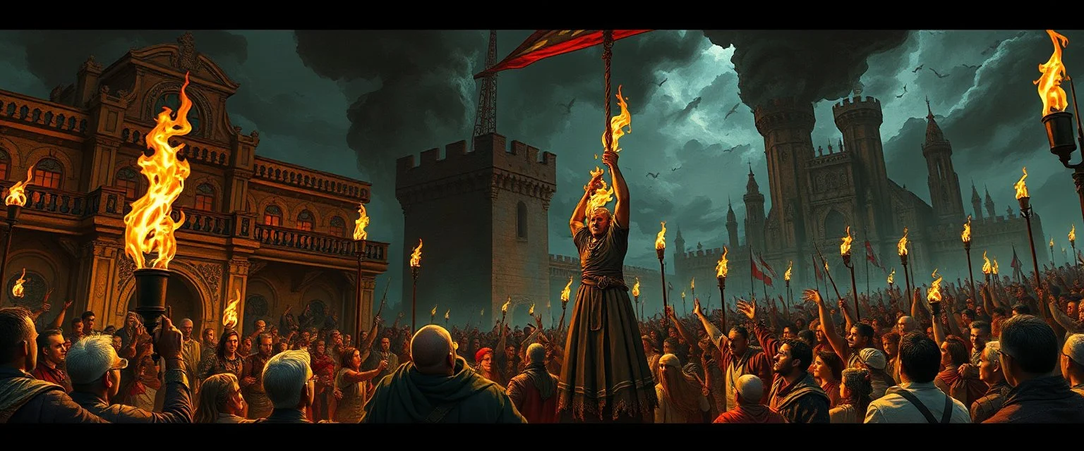 fantasy art, style of Escher , A public execution: The party arrives at a city square just in time to see the Flaming Fist hang a convicted smuggler or cultist. The crowd is loud and bloodthirsty.