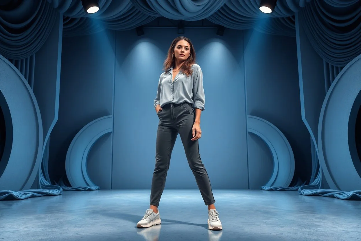 modern stage with gray-blue theme artistic decoration , color full dynamic lighting, a beautiful lady in pants and blouse with shining silver jewels sport shoes idle pose, 3D recursive fractal structure animating background