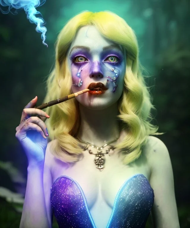 Ultra realistic wonderland photo, happy blonde woman smoking a shisha, perfect iris, glow eyes, blue dress, big purple-cat friend, circus dress style, old school tattoo, smoke, marijuana garden, glow eyes, perfect iris, soft color, highly detailed, unreal engine 5, cinematic, ultra detail, volumetric lighting, high definition.