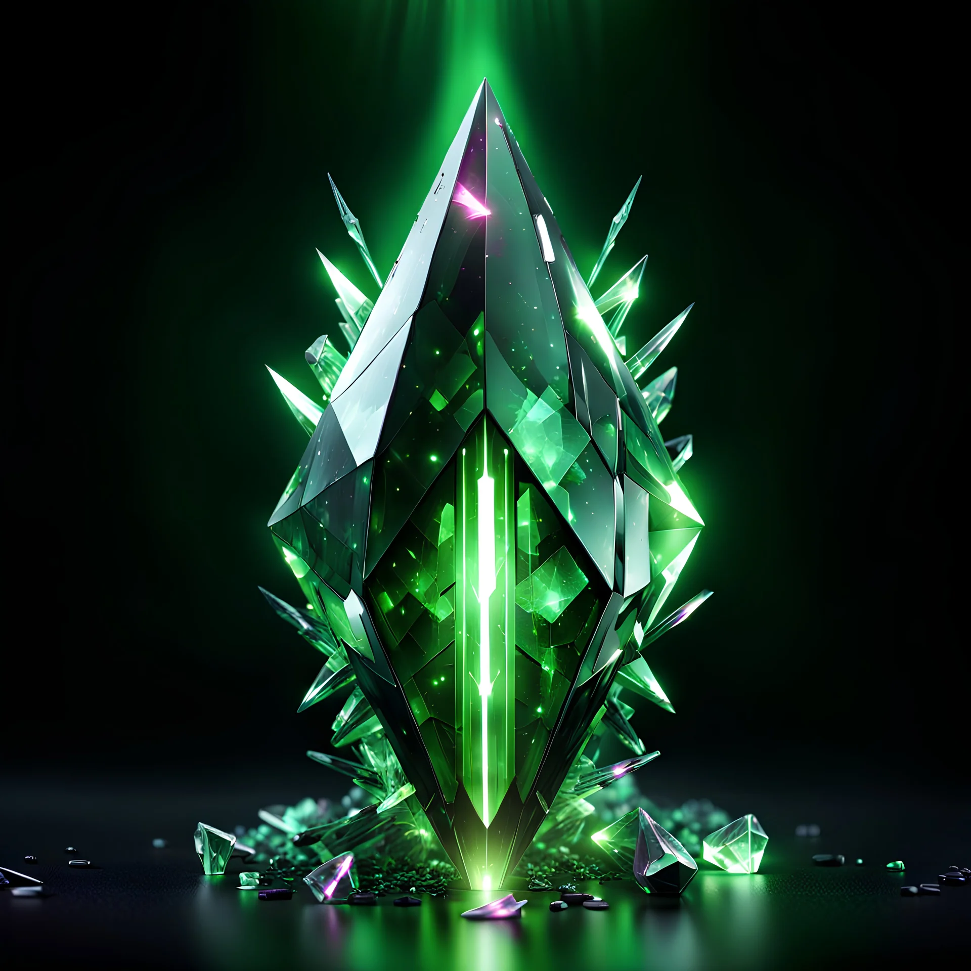 cyberpunk crystal shard ammunition, chaos shards, black background, green lighting, video game icon