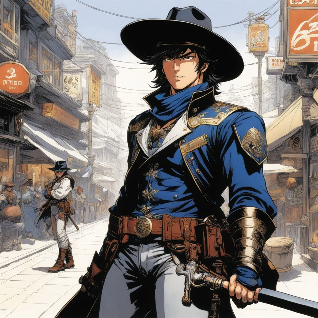 (in the style of Orion, by Masamune Shirow) a cowboy ready for the duel in main street
