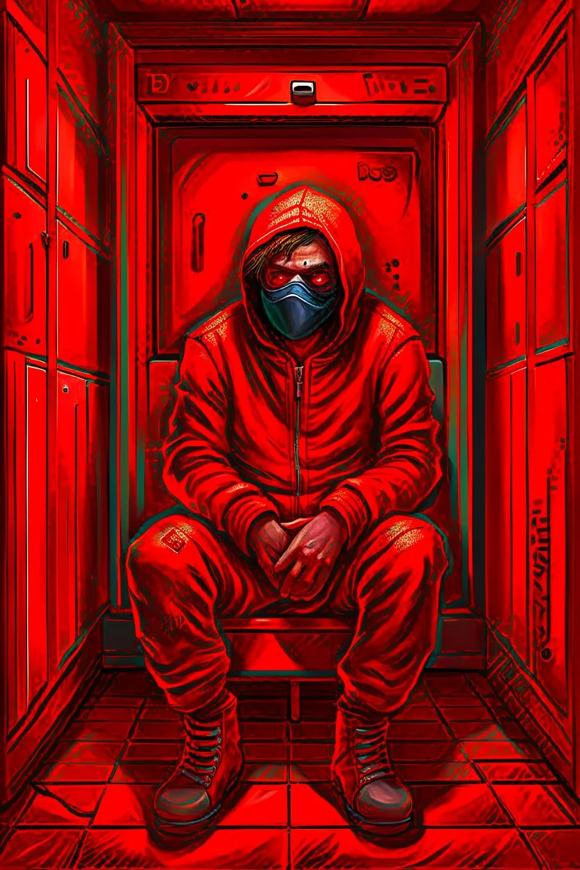 A scary gothic person sits quietly in the middle of a soundproof, padded room conveying intense dramatic emotions in a muted environment, wearing a bright red straitjacket , a mask to cover the mouth area of cannibal evil scary, dark and gothic look, cold eyes, eary ultra detailed,.32k, digital art style with messy paint, hardened sealer appearance, impasto, dramatic Arial view with explosive chaotic background