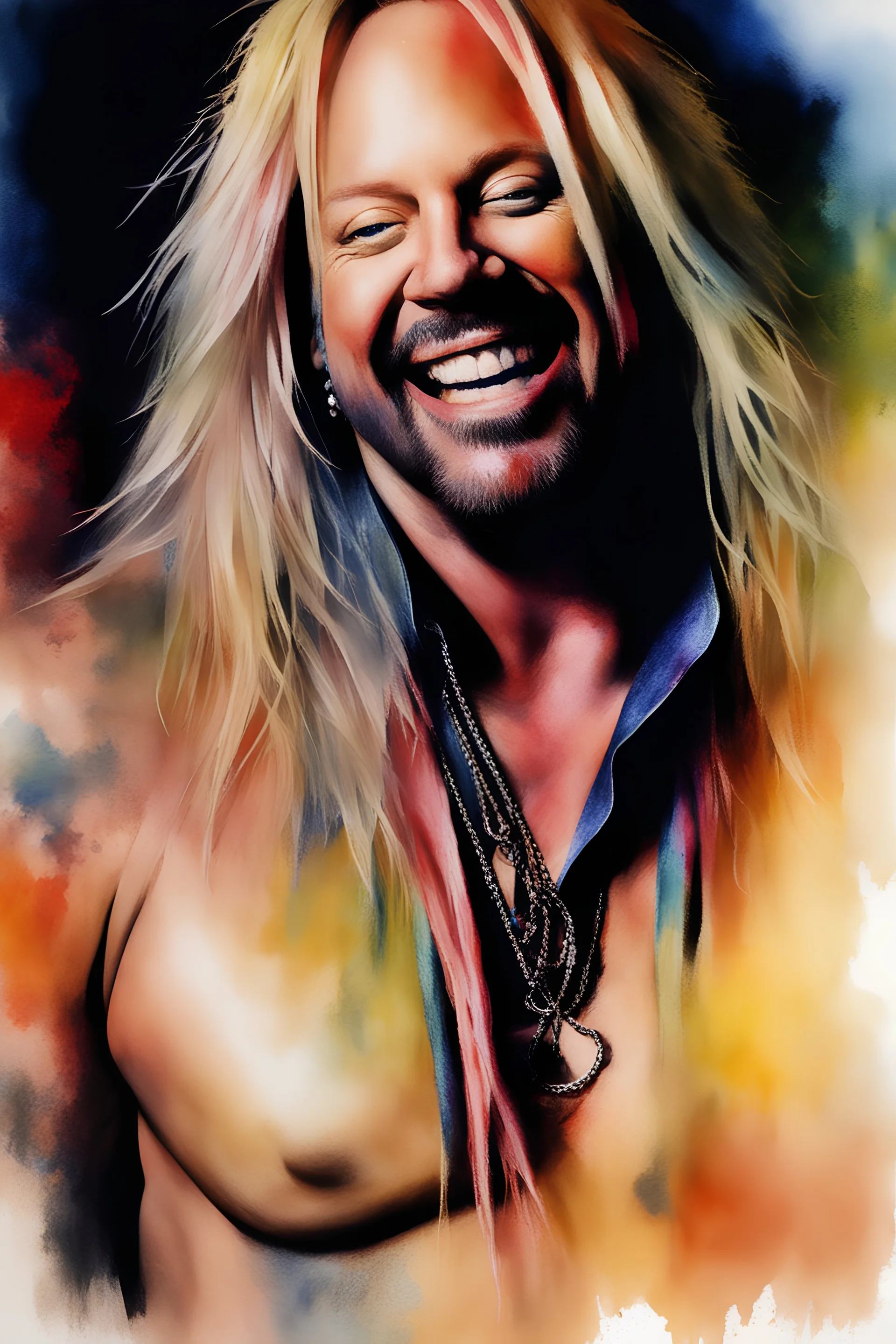 text "MOTLEY CRUE", head and shoulders portrait, Motley Crue Vince Neil - well-shaped, perfect figure, perfect face, laughing, a multicolored, watercolor stained, wall in the background, professional quality digital photograph, 4k, 8k, 32k UHD, Hyper realistic, extremely colorful, vibrant, photorealistic, realistic, sharp, highly detailed, professional quality, beautiful, awesome, majestic, superb, trending on artstation, pleasing, lovely, Cinematic, gorgeous, Real, Life like, Highly detailed,