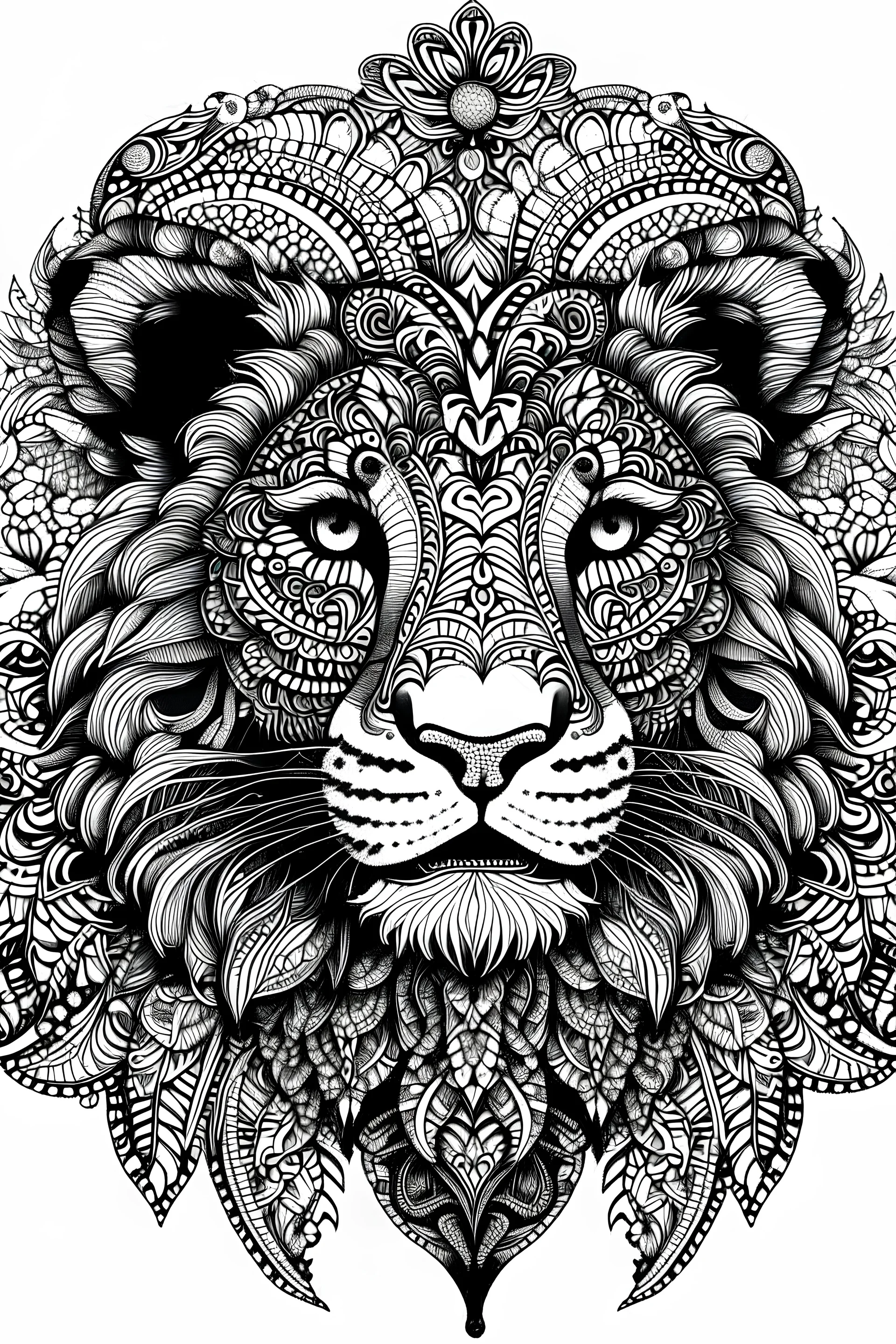 mandala lion: black and white with background white