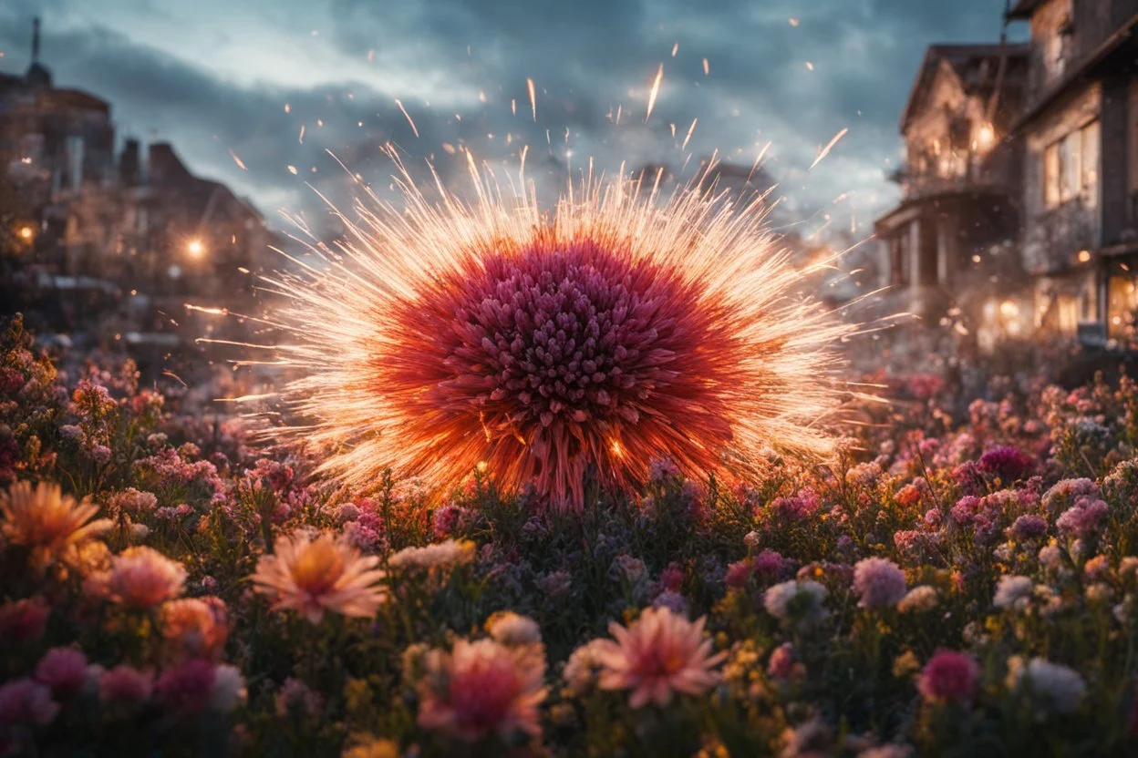 Atomic explosion, made of flowers, ULTRA REALISTIC, details, intricate detail, professional lighting, film lighting, 35mm, anamorphic, lightroom, cinematography, bokeh, lens flare, film grain, hdr10, 8k, Roger Deakins, incredibly detailed, reflect, sharpen